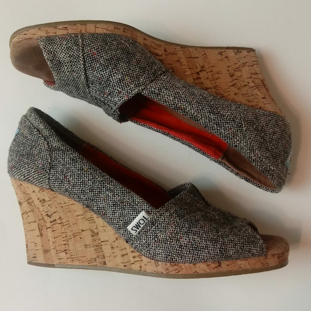 TOMS Tweed sparkle open toe cork wedge sandal shoe